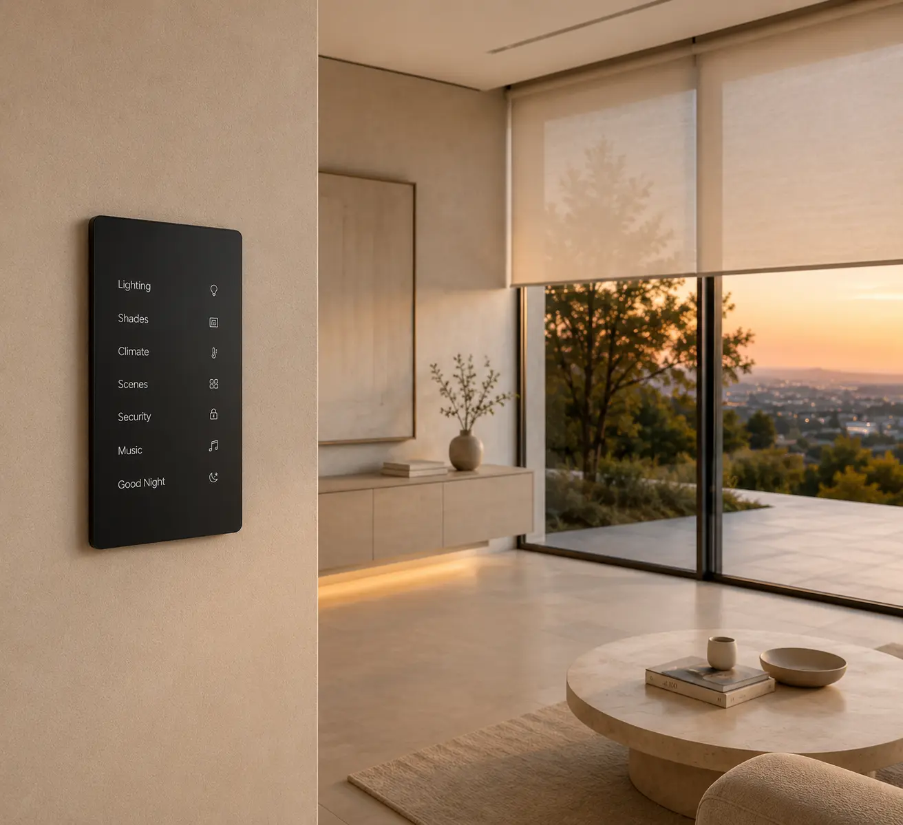 Slim in-wall keypad beside a living room that opens onto a sunset view