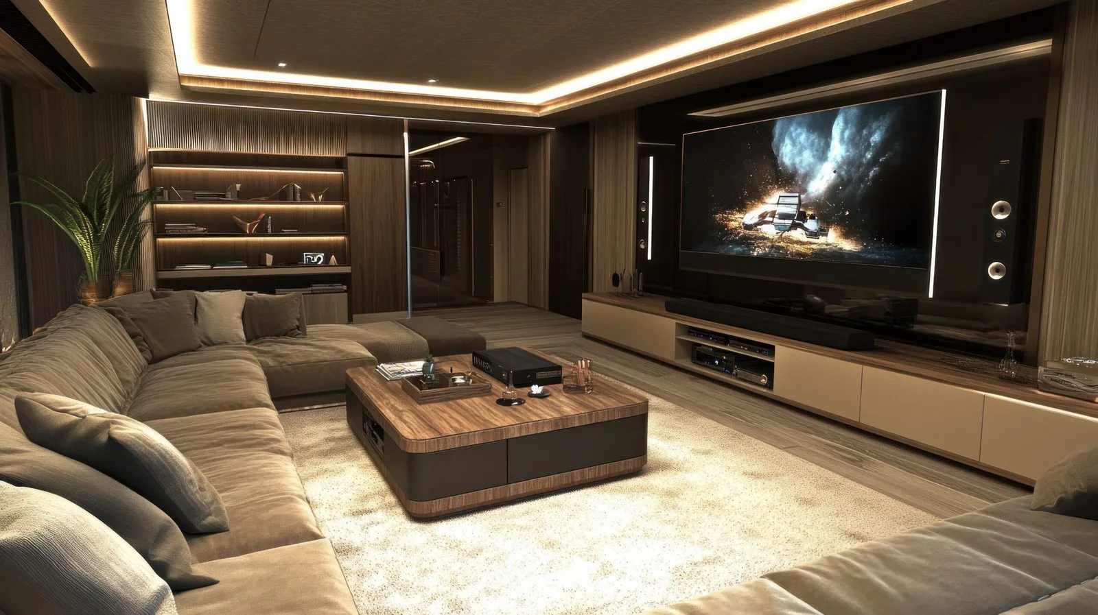 Modern home theater room with a large screen and tiered seating