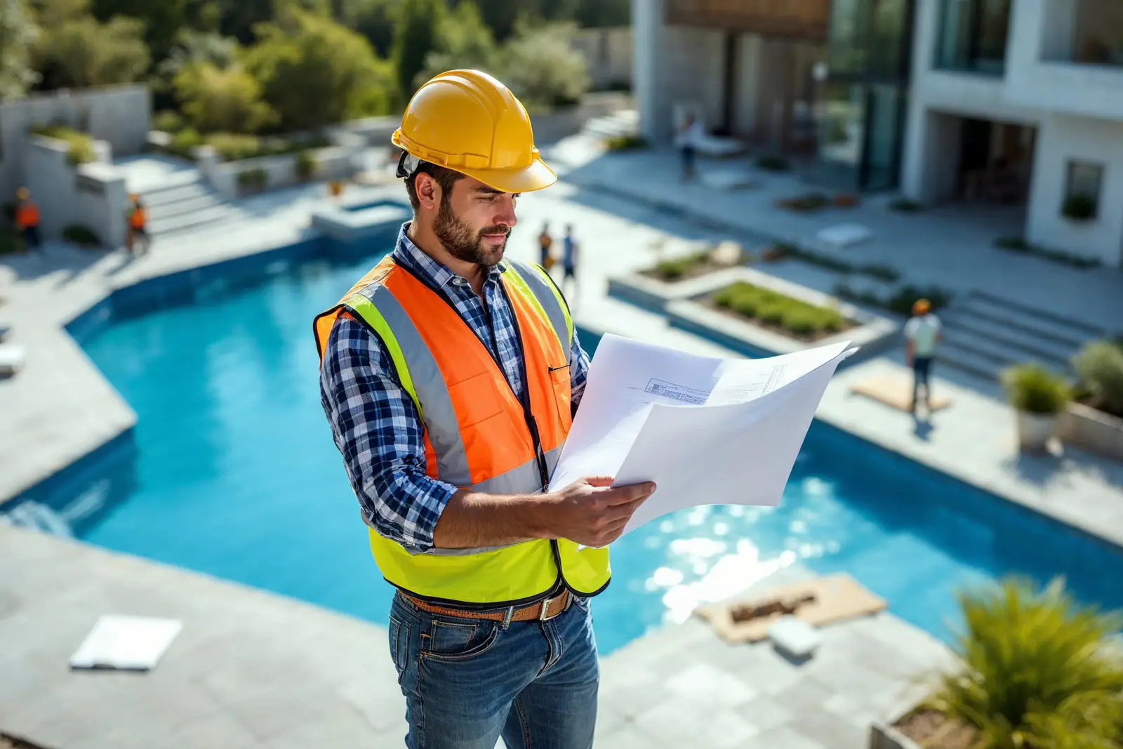 Site lead reviewing drawings beside a pool