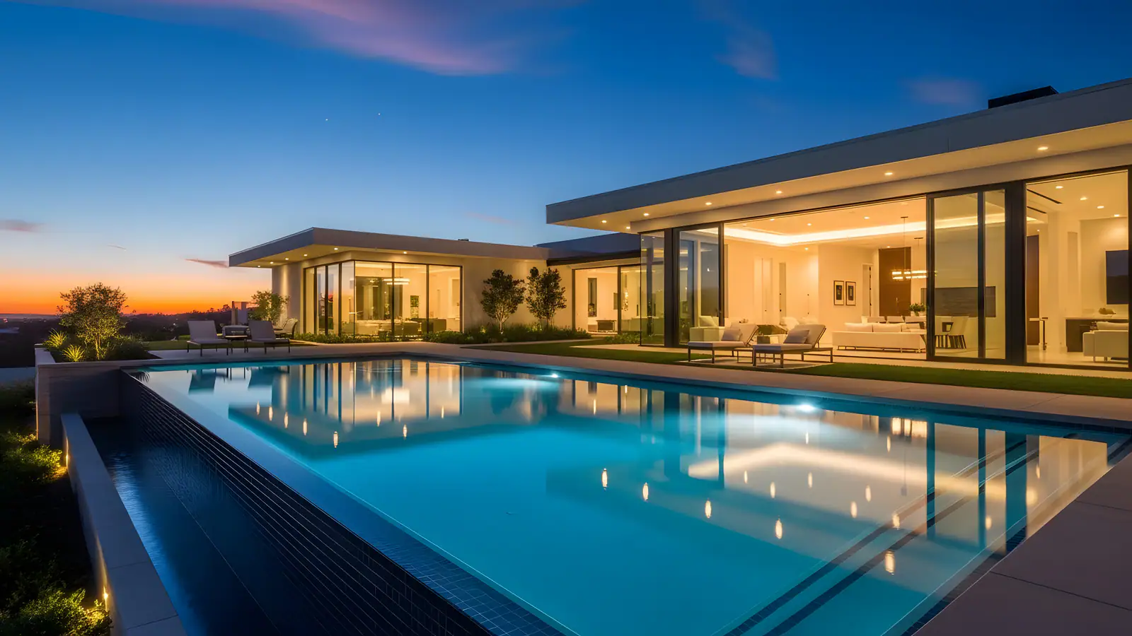 Glass-walled pavilion and pool softly lit at dusk