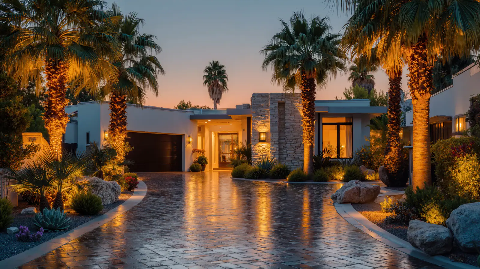 Palm-lined drive leading to a softly lit modern residence at dusk