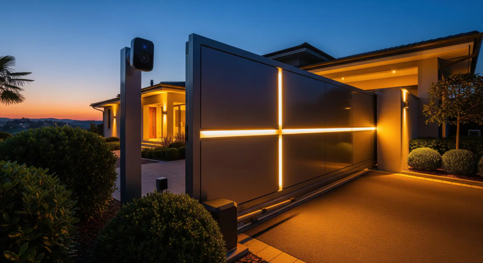 Contemporary gate traced with a line of light beside an intercom post at dusk