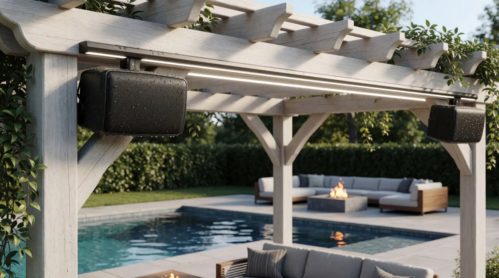 Outdoor speakers mounted under a white pergola beside a pool and fire table