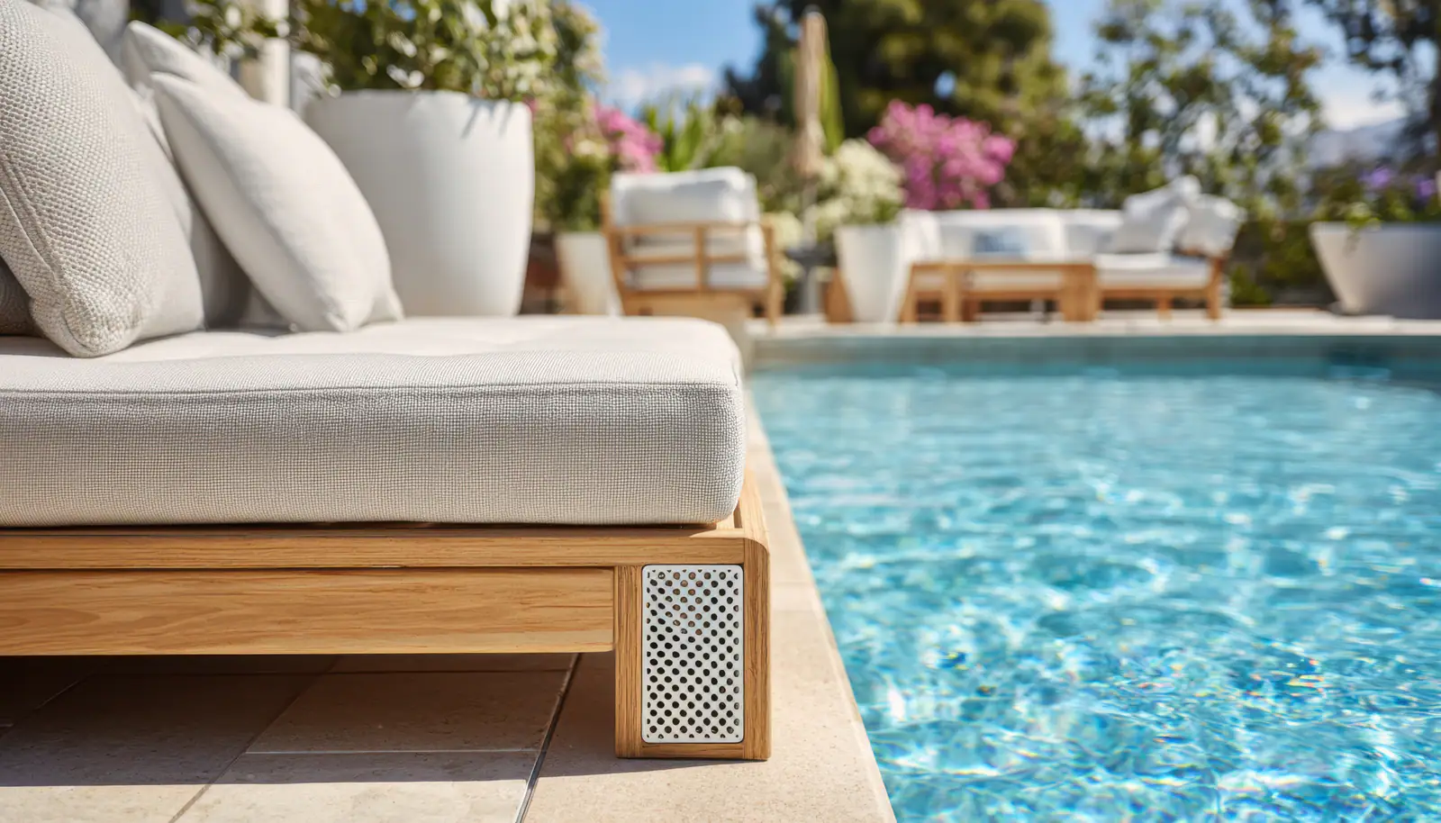 A poolside lounger with a speaker built discreetly into its frame