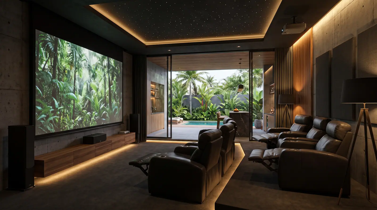 A private cinema with a large projection screen and recliners, opening onto a tropical garden and pool