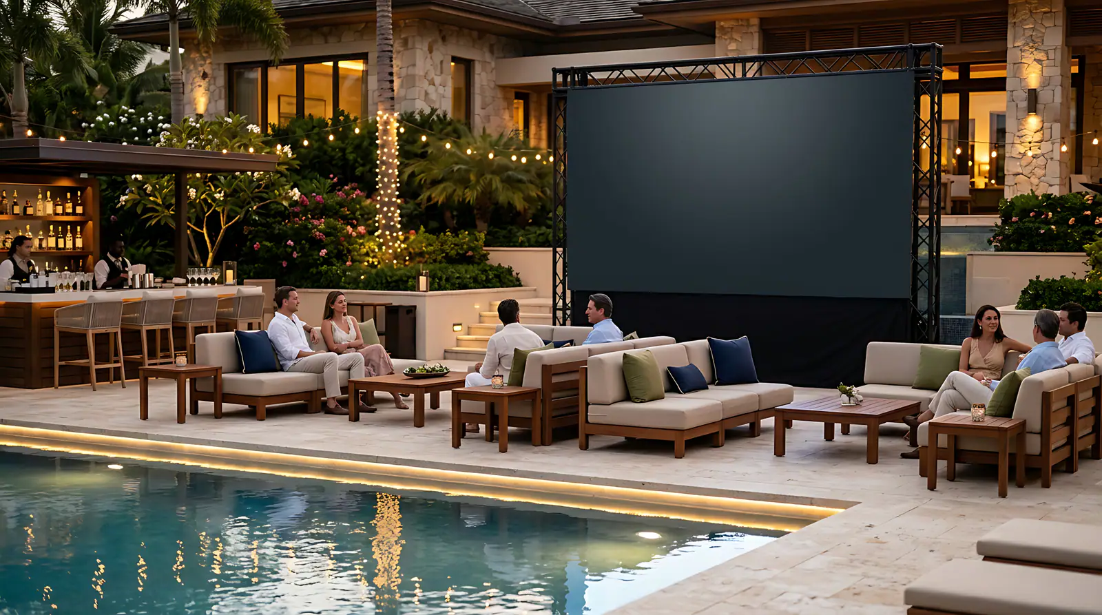 Guests gathered around a large outdoor screen on a lit poolside terrace at dusk