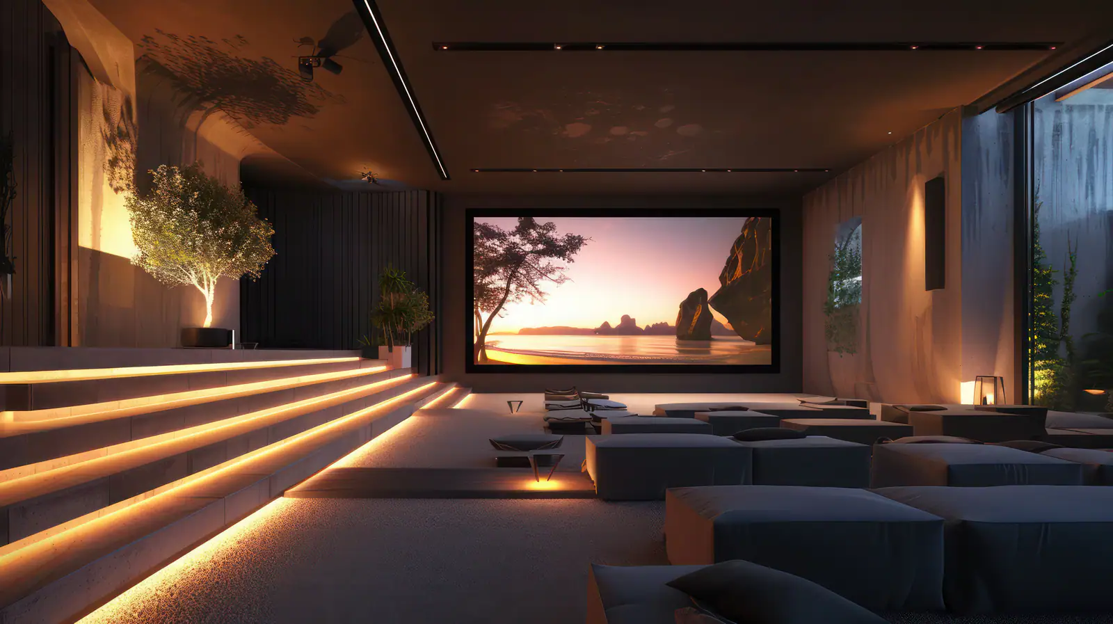 A tiered private cinema with warm light washing each step