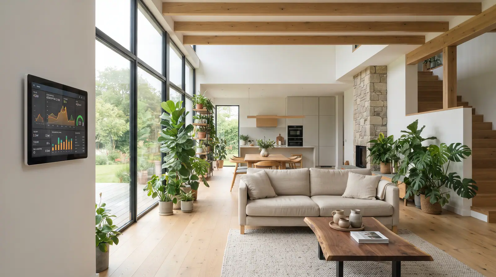 A bright great room with floor-to-ceiling windows and a slim control panel on the wall
