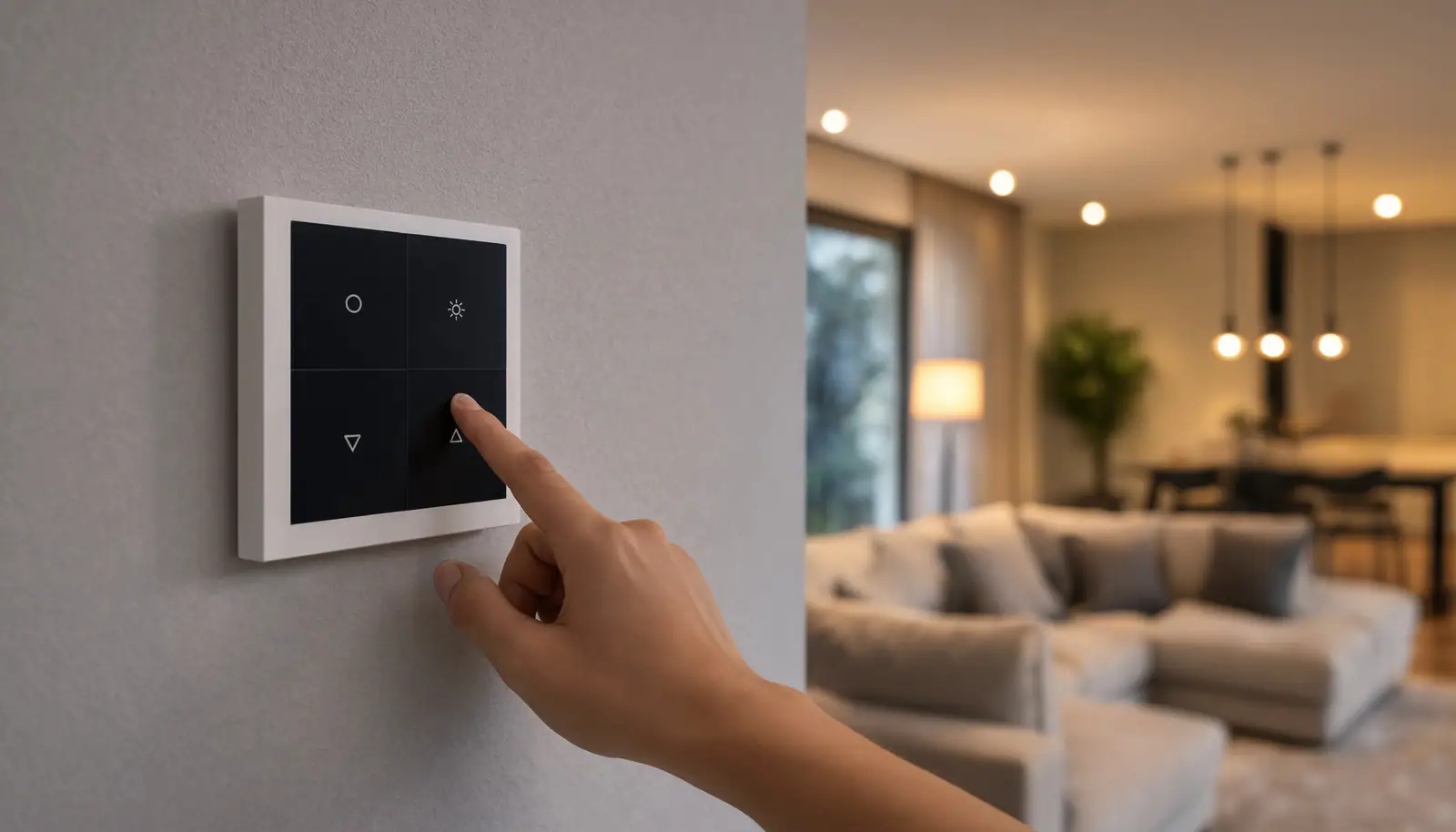 A finger resting on a minimalist wall keypad beside a softly lit living room