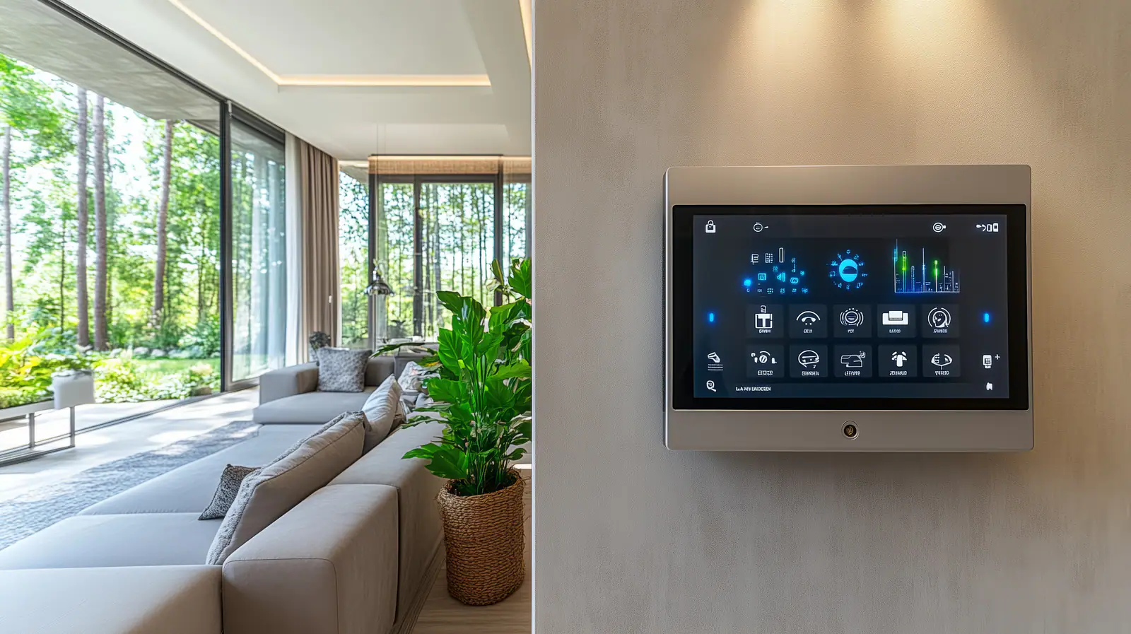 A sunlit living room that opens onto the trees, with a slim control panel on the wall beside it
