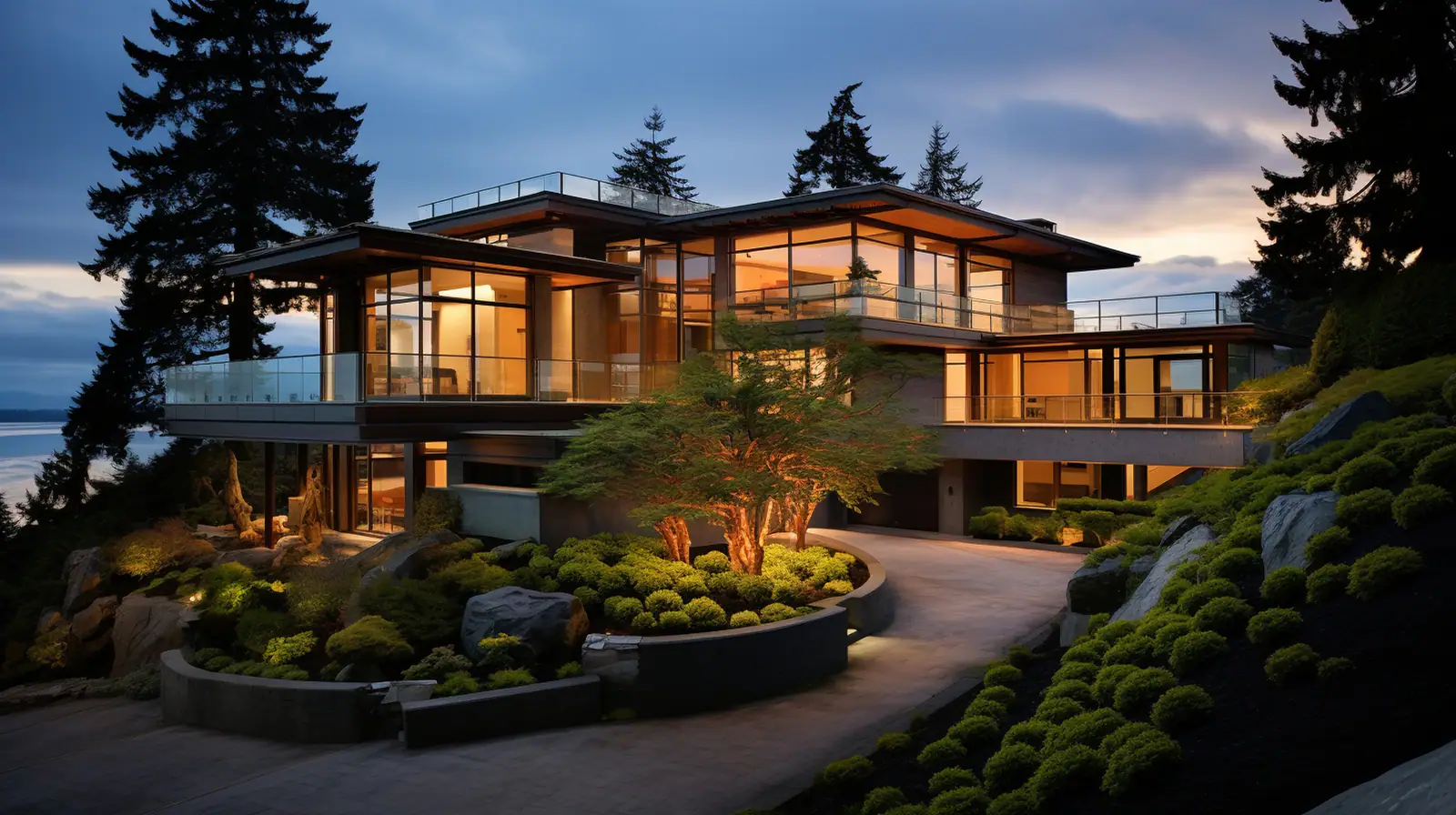 A hillside home at dusk with its gardens and trees softly uplit