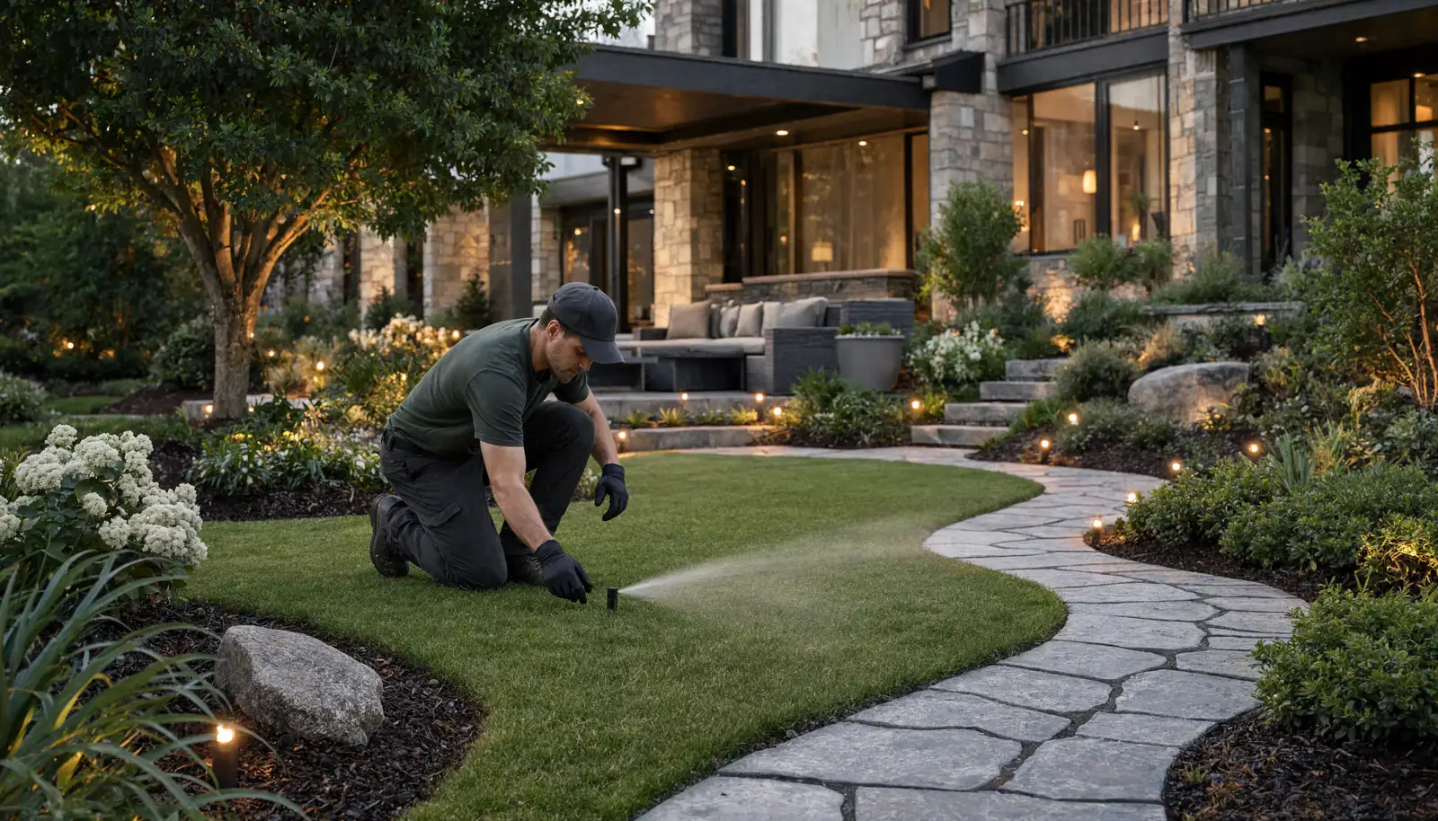A technician tending the landscape lighting in a manicured garden