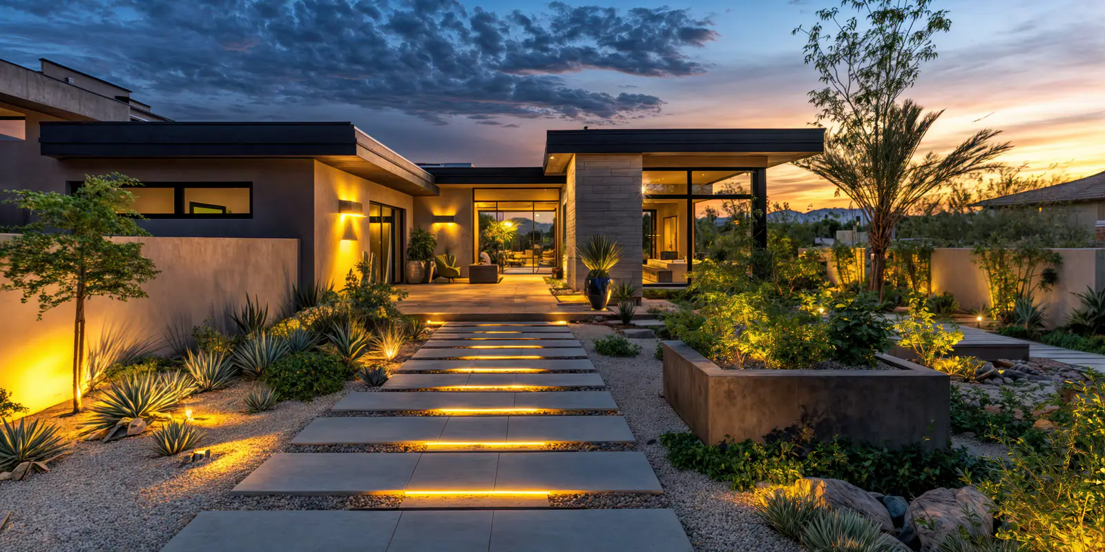 A lit stepping-stone path leading through a desert garden to a glowing entry at dusk