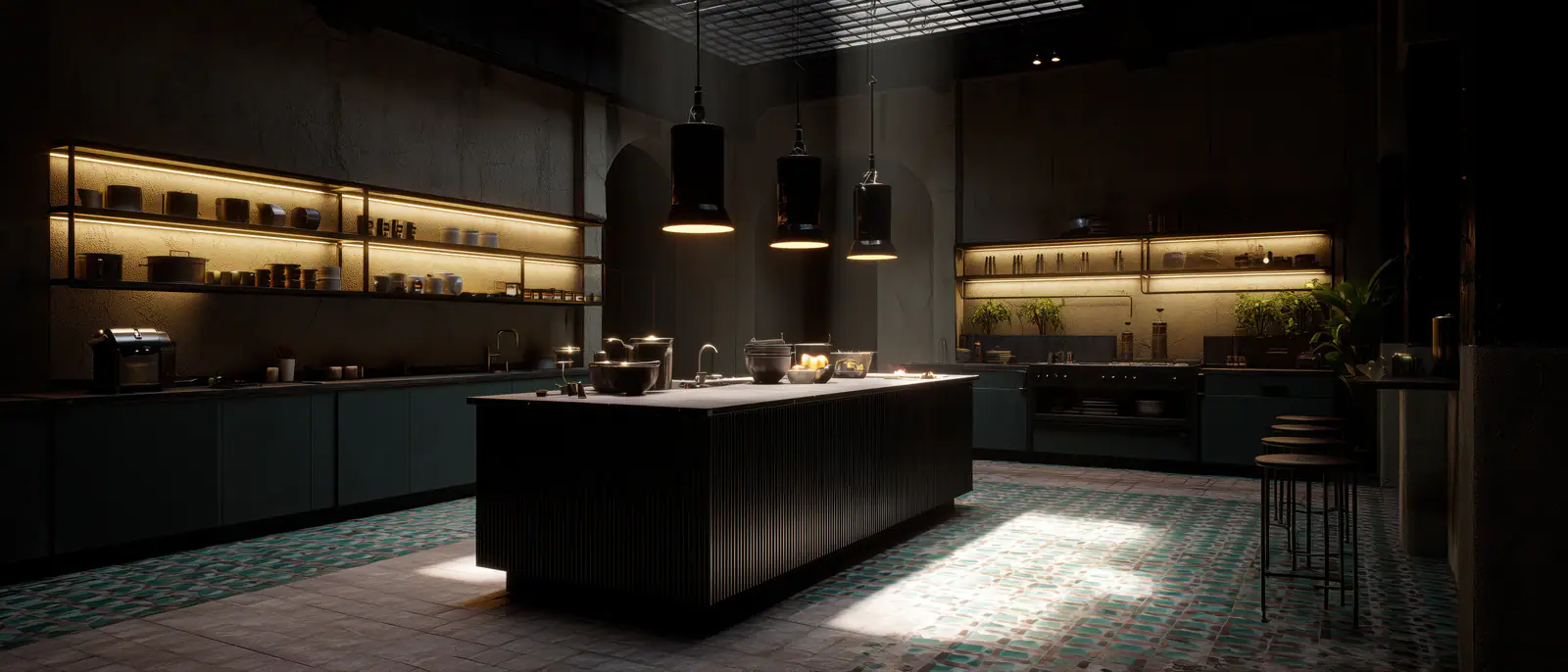 A dark kitchen lit by low pendants and warm under-shelf light