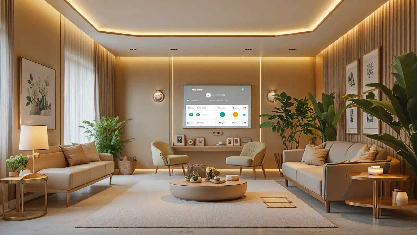 A warm living room softly lit by cove lighting, with a slim control panel on the wall