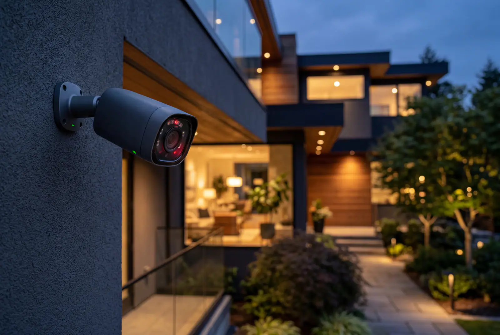Security camera mounted discreetly on a modern residence at dusk