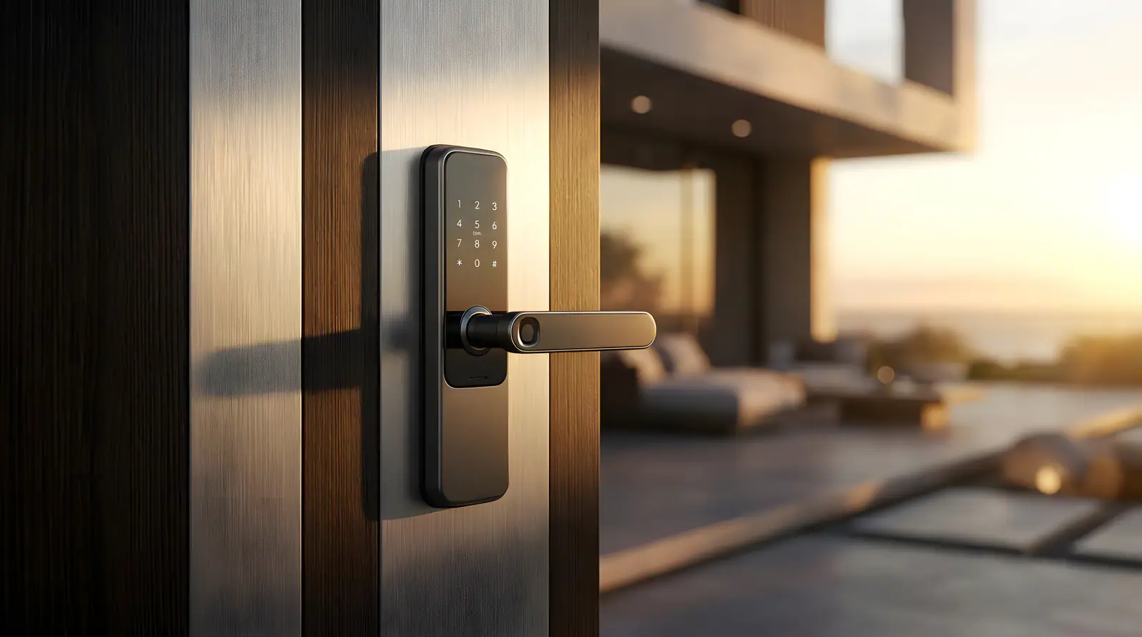 Smart lock set into a timber front door, with a sunset terrace beyond