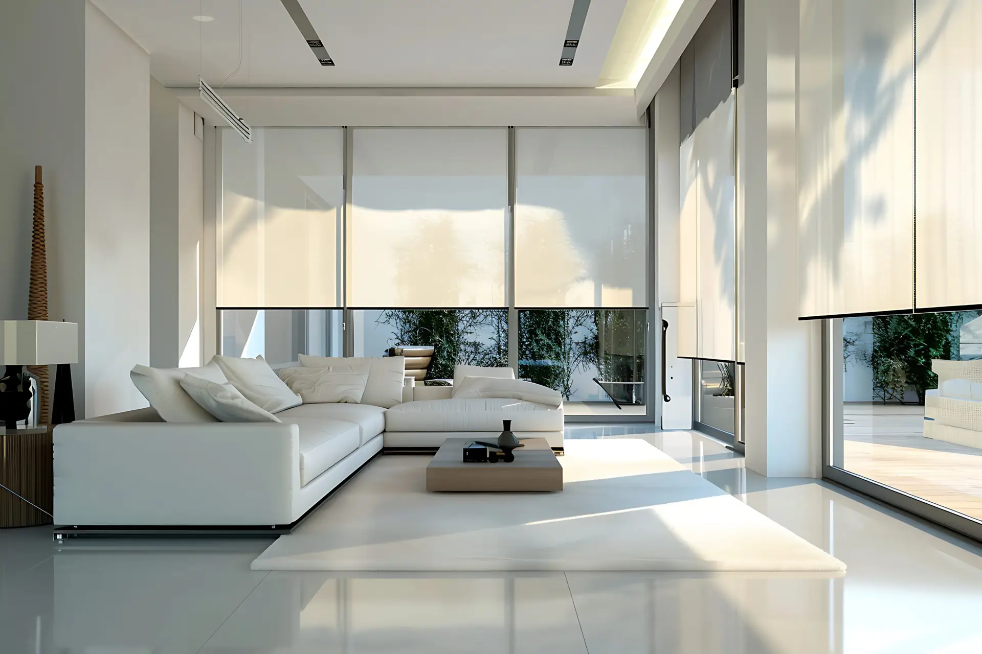 Luxury living room with motorized roller shades and floor-to-ceiling glass