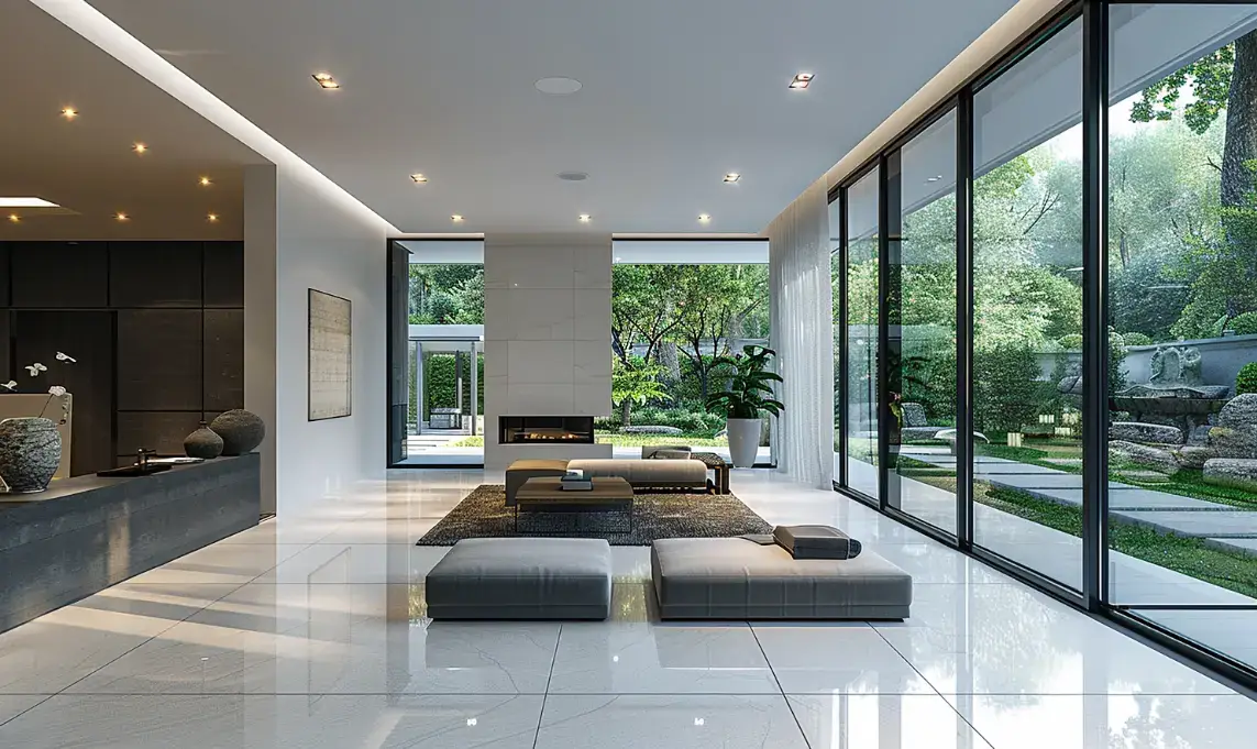 Open-plan living room with floor-to-ceiling glass looking onto a garden