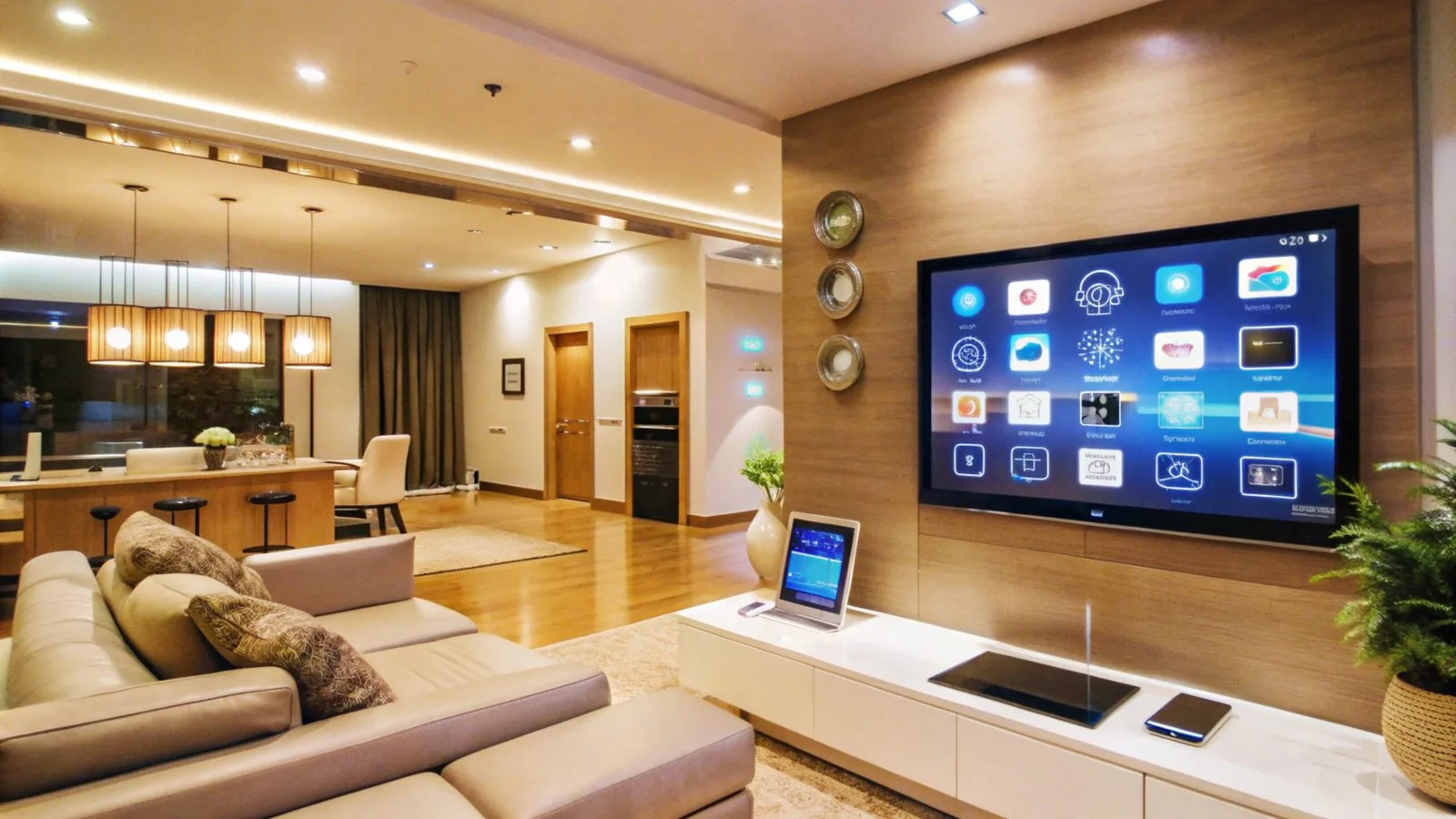 Living room with a tabletop touch panel and a wall display showing home controls