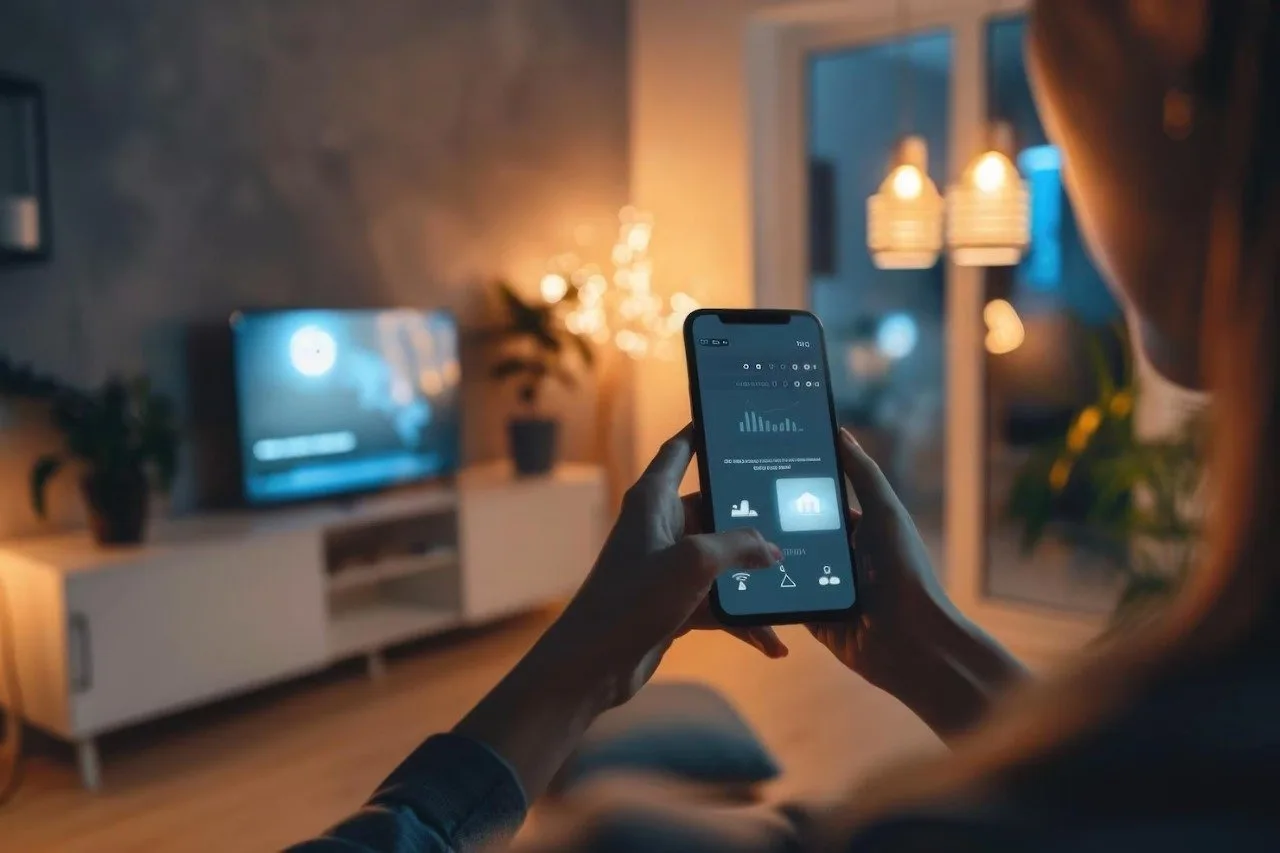 Hand holding a phone with a climate control app in a warmly lit room
