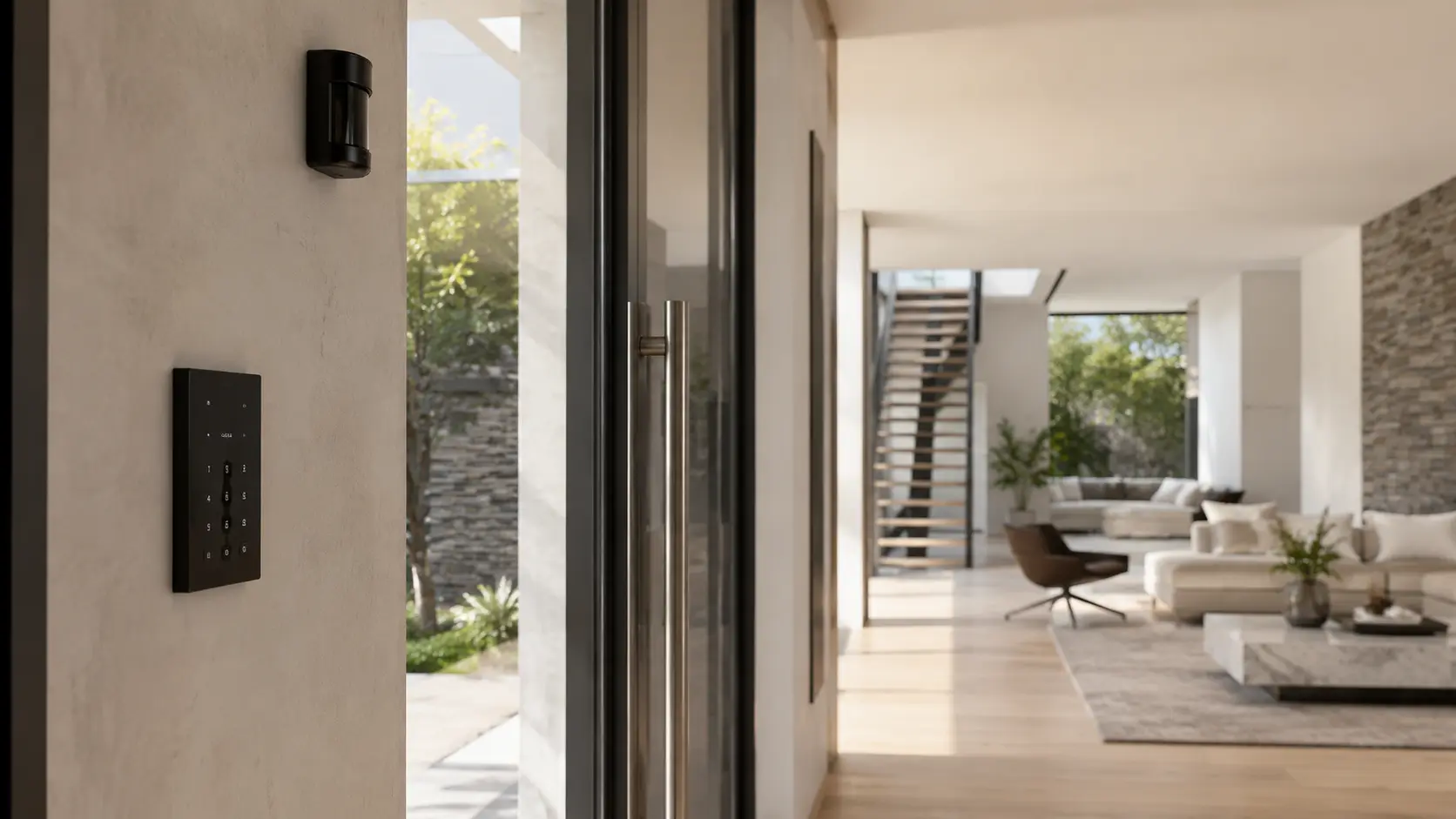Slim security keypad beside a glass door in a bright modern home