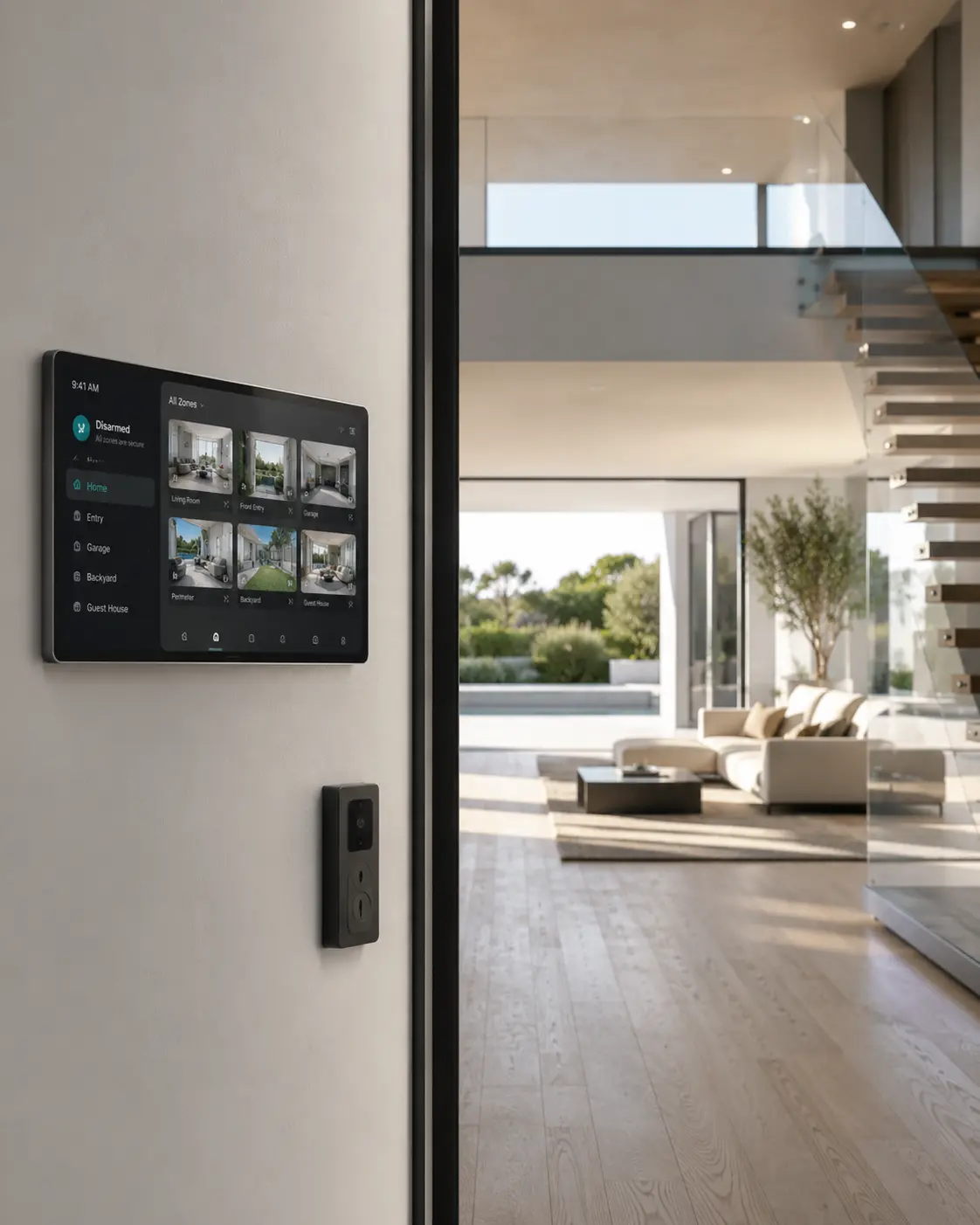 Wall-mounted security panel showing camera views and system status