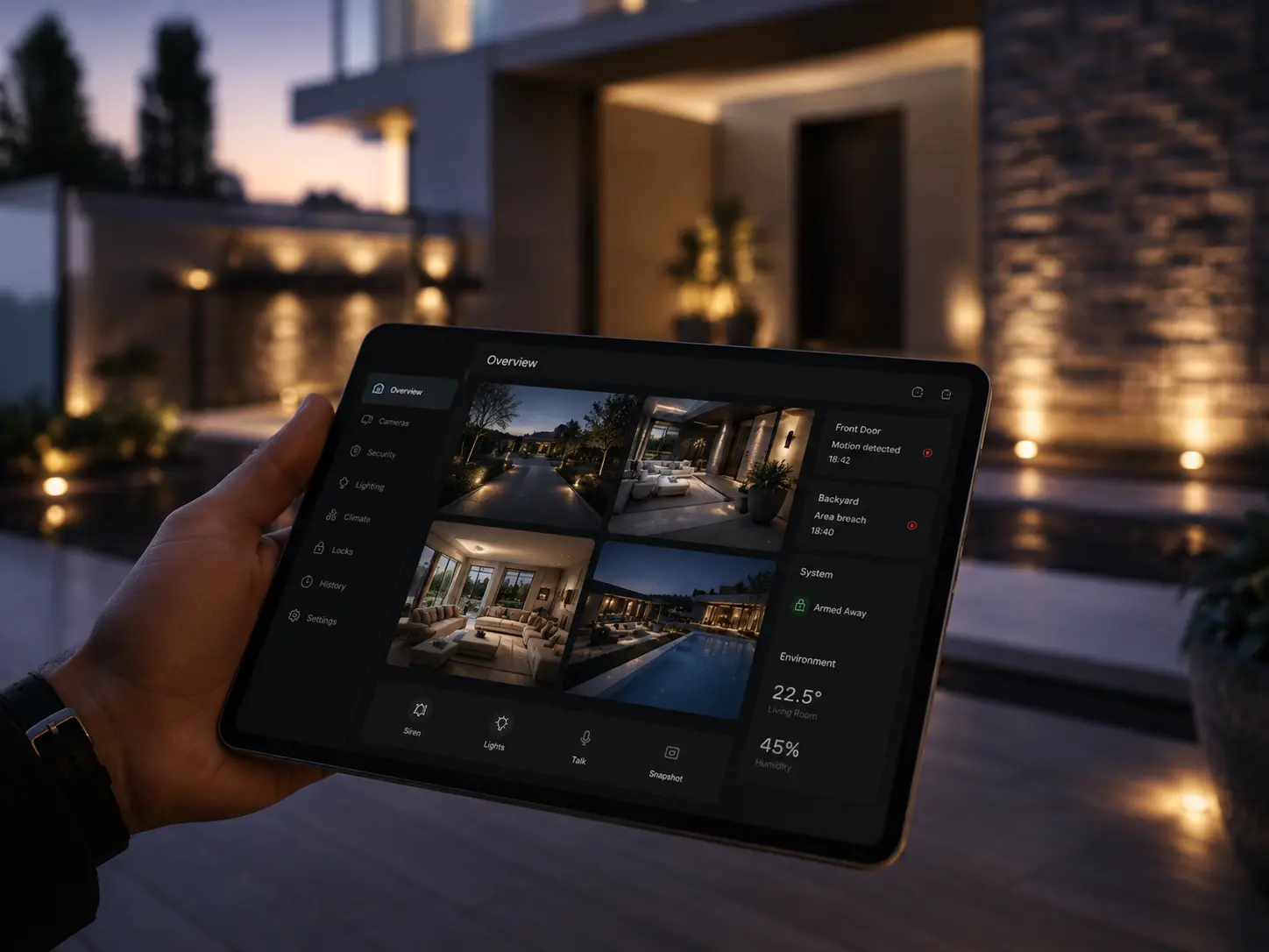Tablet showing live camera views of a residence and its pool at night