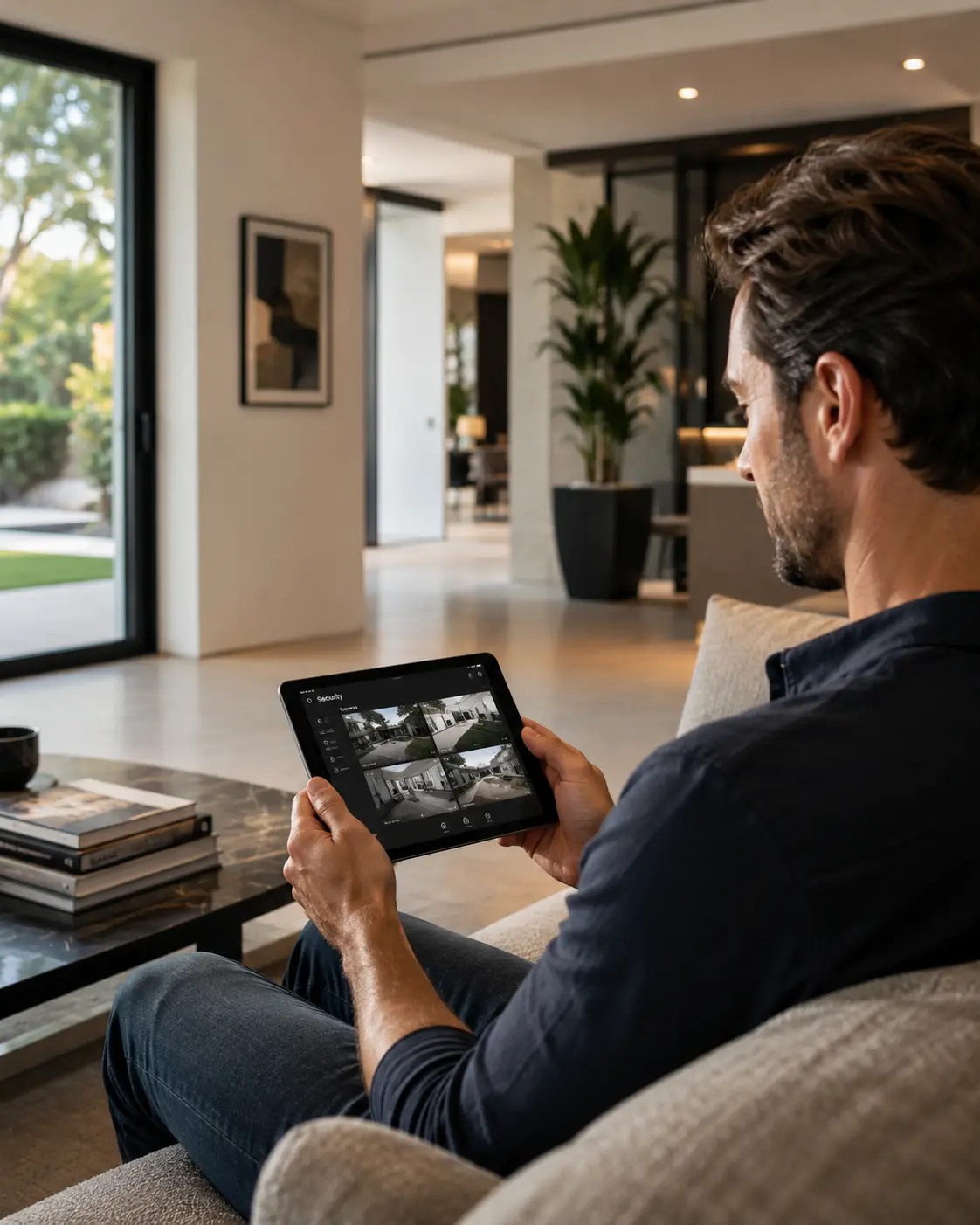 Homeowner reviewing camera feeds on a tablet in a bright living room