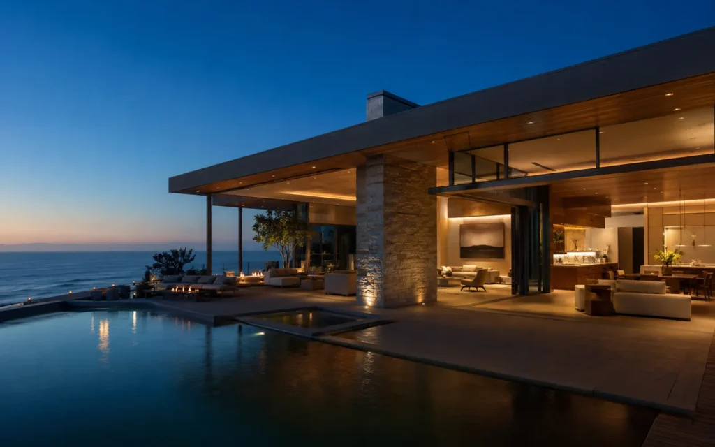 Contemporary coastal residence with an infinity pool at blue hour