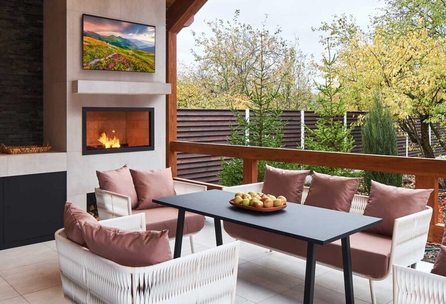 A Séura outdoor TV in a roofed outdoor space.