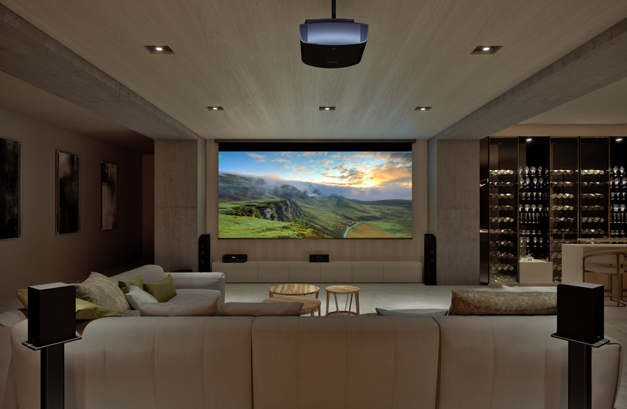 A high-definition projector displays a sharp-quality picture in a luxury home theater.